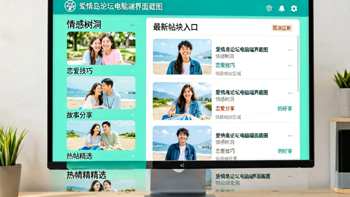 爱情岛论坛电脑端界面截图，左侧边栏清晰展示情感树洞、恋爱技巧、故事分享、热帖精选四个主要板块入口，右侧是最新的帖子列表区域，整体采用蓝绿色调