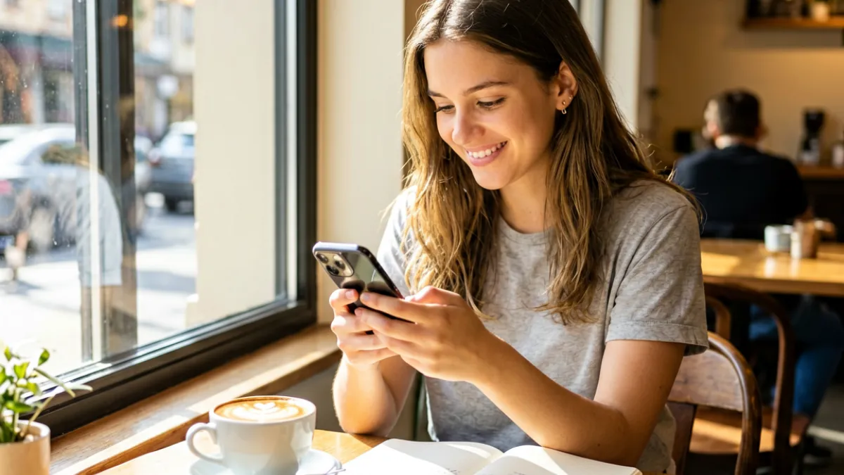 咖啡馆窗边一位年轻女孩对着手机轻笑，桌上放着一杯拿铁和一本翻开的日记本，阳光从窗外洒进来营造温暖氛围